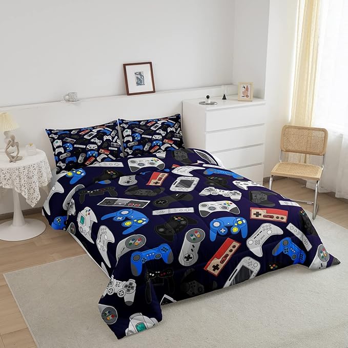 Erosebridal Teens Gamer Comforter Set King Size, Modern Game Down Comforter for Kids Boys Children, Video Game Bedding Set,Player Gaming Gamepad Joystick Soft Quilt Set Room Decor