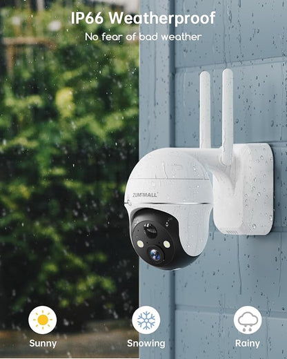 2K Security Camera Outdoor Wireless WiFi with 360° PTZ, ZUMIMALL Battery Powered Wireless Cameras for Home Surveillance, Spotlight & Siren/PIR Detection/3MP Color Night Vision/2-Way Talk/IP66/Cloud/SD