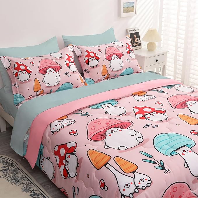 Wajade Kids Cute Mushroom Comforter Set Bed in A Bag Twin Size 7 Piece Pink Cartoon Mushroom Head Bedding Set for Girls (1 Comforter, 1 Flat Sheet, 1 Fitted Sheet, 2 Pillowcase and 2 Pillow Sham)