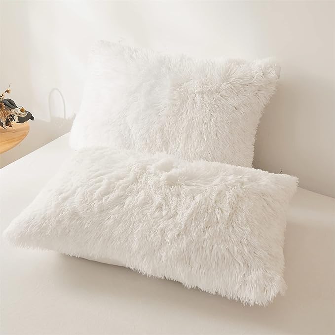 FOPPA Luxury Faux Fur Comforter Cover Set Ultra Soft Plush Bedding Sets 3 Pieces (1 Faux Fur Duvet Cover + 2 Faux Fur Pillow case) Zipper (White, Queen)