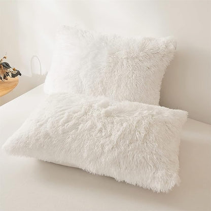 FOPPA Luxury Faux Fur Comforter Cover Set Ultra Soft Plush Bedding Sets 3 Pieces (1 Faux Fur Duvet Cover + 2 Faux Fur Pillow case) Zipper (White, Queen)