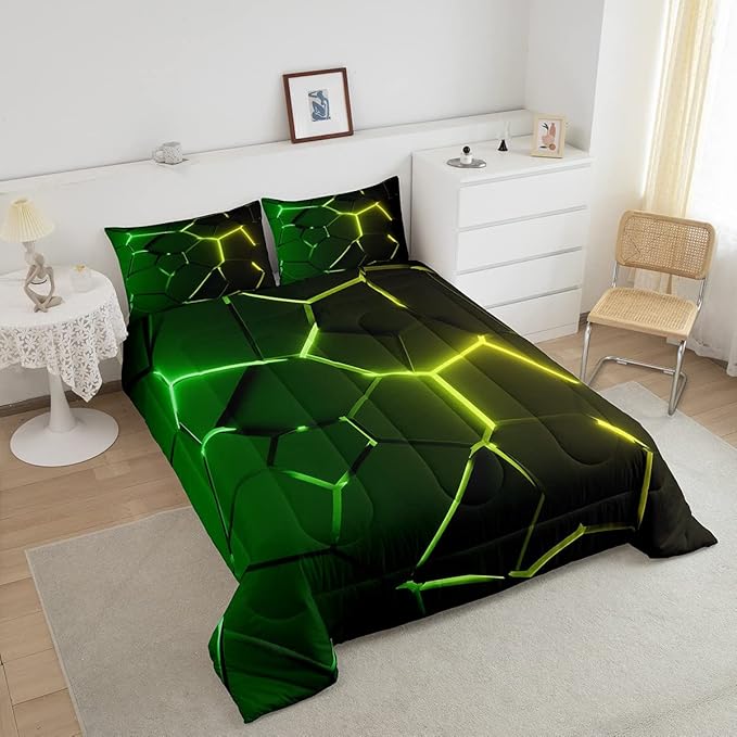 Honeycomb Comforter Green Yellow Hexagonal Print Bedding Set for Kids Boys Girls Children Beehive Geometrical Comforter Set Ultra Soft Decor Reticulated Duvet Set Full Size