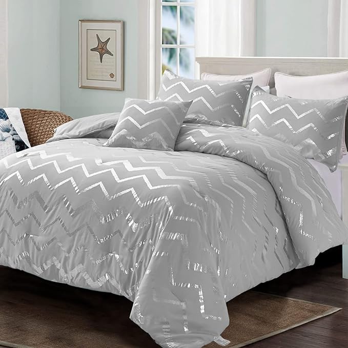 Grey and Silver Comforter Set Twin Size Metallic Print Geometric Bedding Set Lightweight Microfiber Comforter for Teen Girls Boys Women (1 Pillow Sham + 1 Decorative Pillow Sham)