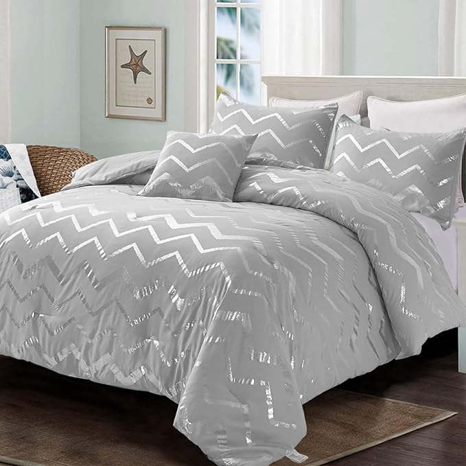 Grey and Silver Comforter Set Queen Metallic Print Geometric Bedding Set, 4 Pieces Lightweight Microfiber Bed Set for Teen Kids Boys (2 Pillow Shams + 1 Decorative Pillow Sham)
