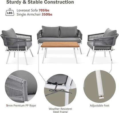4-Piece Outdoor Patio Furniture Boho Rope Weave Set, Conversation Loveseat Sofa&Chairs with Acacia Wood Table and Thick Cushions, for Garden Backyard Balcony, Onesize, Beige