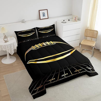 Feelyou Football Bedding Set King Kids Rugby Sports Comforter Set American Football Comforter Set for Boys Golden Black Room Decor Quilt with 2 Pillow Case Boys
