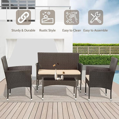 FDW Patio Furniture Set 4 Pieces Outdoor Rattan Chair Wicker Sofa Garden Conversation Bistro Sets for Yard (Brown)