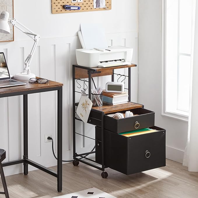 HOOBRO 2-Drawer File Cabinet, Filing Cabinet with Charging Station, Vertical Office Cabinet with Open Storage Shelf, Printer Stand, A4/Letter Size, Nonwovens Drawer, Rustic Brown and Black BFK23UWJ01