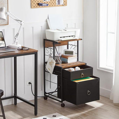 HOOBRO 2-Drawer File Cabinet, Filing Cabinet with Charging Station, Vertical Office Cabinet with Open Storage Shelf, Printer Stand, A4/Letter Size, Nonwovens Drawer, Rustic Brown and Black BFK23UWJ01