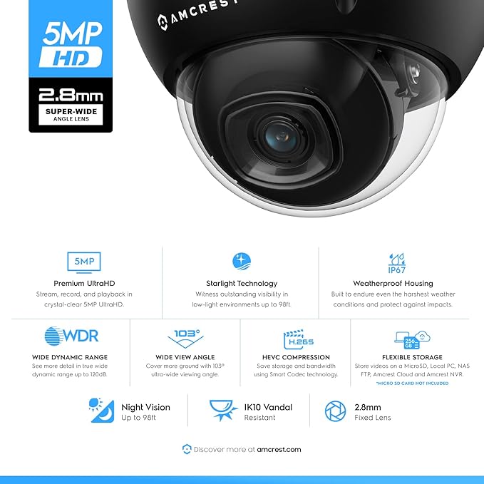 Amcrest 5MP POE Camera, Outdoor Vandal Dome Security POE IP Camera, 5-Megapixel, 98ft NightVision, 2.8mm Lens, IP67, IK10 Resistance, MicroSD 256GB (Sold Separately), Cloud, NVR (IP5M-D1188EB-28MM)