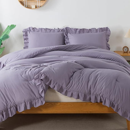 Andency Grayish Lavender Purple Queen Comforter Set, 3 Pieces Solid Ruffle Bedding Comforter Sets for Queen Bed, Lightweight Fluffy Soft Microfiber All Season Bedding Set