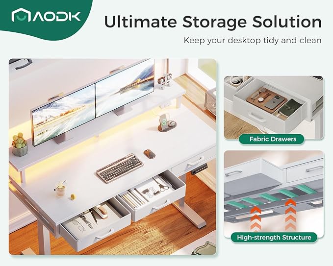 AODK 47 Inch Electric Standing Desk with 3 Drawers, White, Height Adjustable Desk with Power Outlets & LED Lights, Stand Up Desk with Monitor Shelf, Sit Stand Desk Computer Workstation