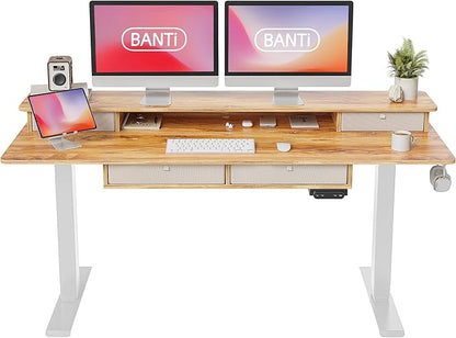 BANTI Height Adjustable Electric Standing Desk with 4 Drawers, 63 x 24 Inch Table with Storage Shelf, Sit Stand Desk, Light Rustic Brown Top