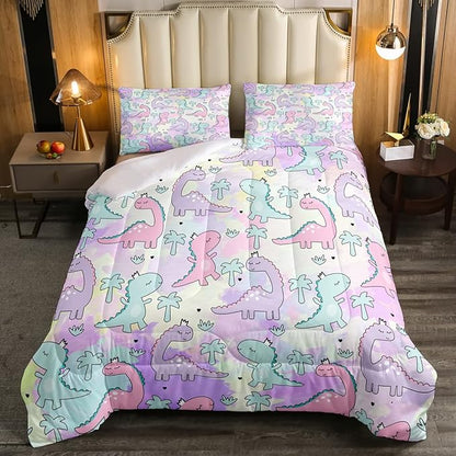 Erosebridal Dinosaur Comforter Set Full Size, Kawaii Dinosaur Bedding Sets for Kids Girls Boys Gift Bedroom Decor, Cartoon Cute Animals Duvet Set,Palm Leaf Down Comforter, Green Purple Pink