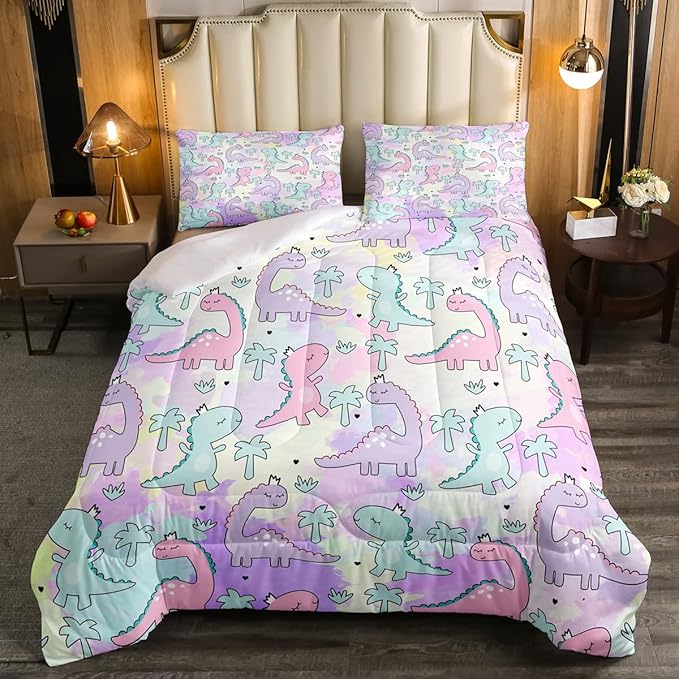 Erosebridal Dinosaur Comforter Set Queen Size, Kawaii Dinosaur Bedding Sets for Kids Girls Boys Gift Bedroom Decor, Cartoon Cute Animals Duvet Set,Palm Leaf Down Comforter, Green Purple Pink