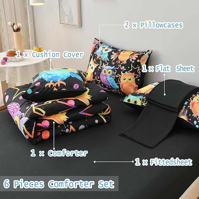 DORCAS Full Bedding Set with Comforter, Sheets for Kids, 6 Pieces, Owl, All Seasons, Unisex, Polyester, Machine Wash, Cute Owl Theme Design