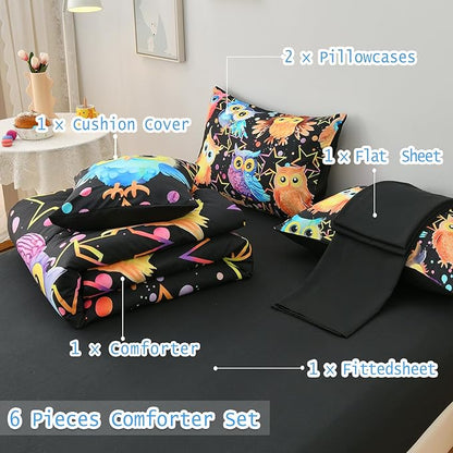 DORCAS Full Bedding Set with Comforter, Sheets for Kids, 6 Pieces, Owl, All Seasons, Unisex, Polyester, Machine Wash, Cute Owl Theme Design