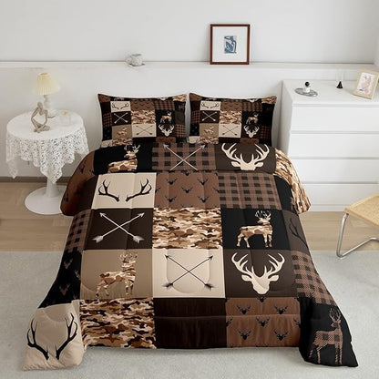 Kids Deer Antlers Animal Comforter Set King Size,Brown Camo Xmas Bedding Set,Girls Boys Adults Bedroom/Cabin Decor,Plaid Patchwork Vintage Down Comforter,Arrows Tribal Duvet Insert,3pcs,2 Pillowcases