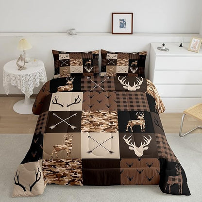 Camo Animal Kids Comforter Set Full Size,Deer Antlers Silhouette Bedding Set,Girls Boys Adults Bedroom/Xmas Decor,Checkered Geometric Down Comforter,Arrow Boho Retro Duvet Insert,3pcs,2 Pillowcases