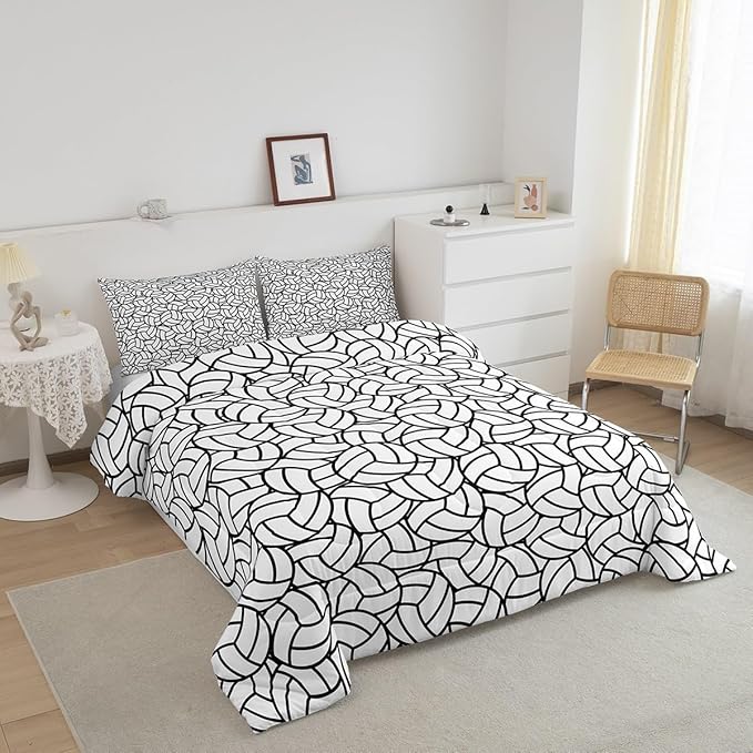 Feelyou Full Size Volleyball Bedding Set Boys Girls Sports Game Comforter Set for Kids Women Men Ultra Soft Volleyball Player Comforter Black White Duvet Set Room Decor Quilt Set