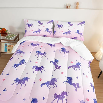 HOSIMA Kawaii Unicorn Comforter,Purple Unicorn with Stars and Love Heart Princess Toddler Bedding Set-Soft Microfiber King Size Comforter Set,Fairycore Room Decor Pink Comforter with 2 Pillowcases.