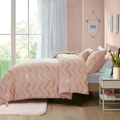 Pink Comforter Set Queen Size, Metallic Blush and Rose Gold Bedding Set, 4 Piece Lightweight Microfiber Bed Set for Teen Girls Women (2 Pillow Shams + 1 Decorative Pillow Sham)