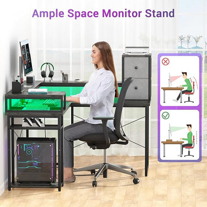 armocity L Shaped Desk with Drawers, Reversible Corner Computer Desk with LED Light & Power Outlet, 55.2'' L-Shaped Gaming Desk with Long Monitor Shelf, Home Office Desk for Small Corner Space, Grey