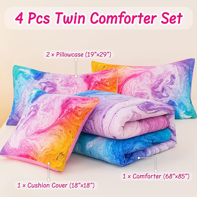 4 Pcs Tie Dye Twin Comforter Set for Girls, Watercolor Marble Abstract Art Superior Kids Bedding Sets Twin Size, Pink Purple Blue Colorful Teenage Girls Comforter Sets