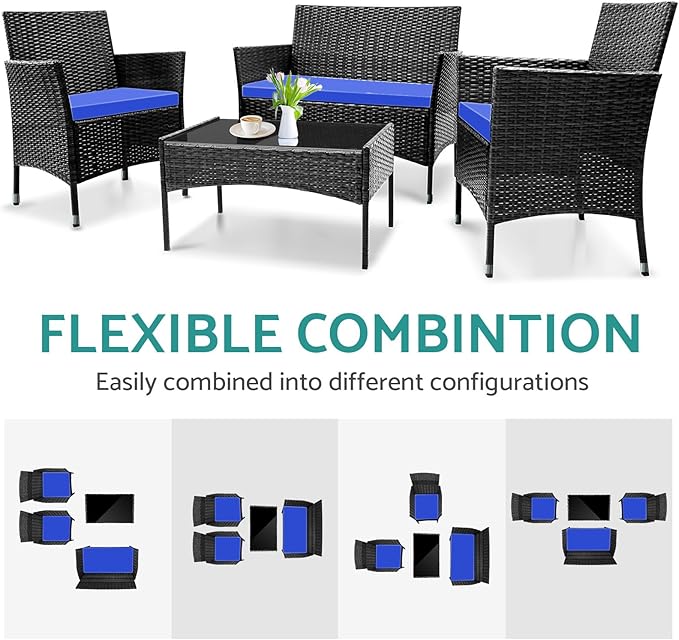 Patio Furniture, 4 Piece Conversation Set, Outdoor Wicker Rattan Table and Chairs, Sectional Sofa with Thick Cushion for Garden, Yard, or Porch, Dark Brown