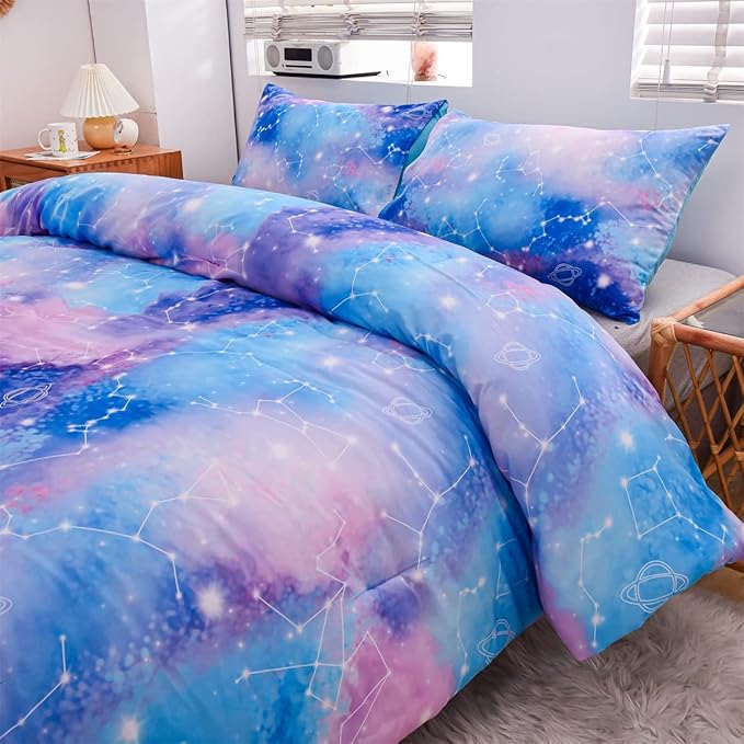 Holawakaka Tie Dye Constellation Print Ombre Comforter Set Full Size Boys Girls Gradient Galaxy Bedding Set (Blue Purple, Full)