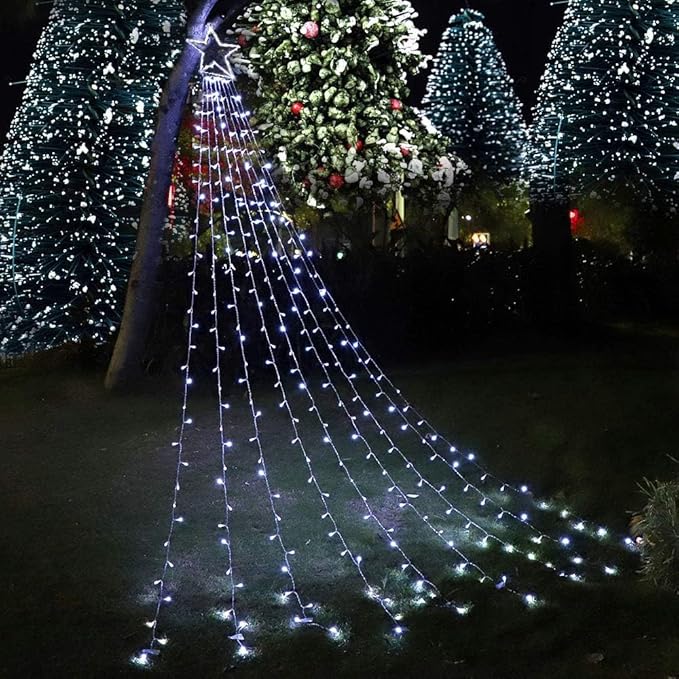 PUHONG Christmas Decoration Star Lights Outdoor,320 LED 16.4Ft Christmas String Lights[8 Modes & Waterproof] for Halloween Xmas New Year Holiday(Iron) (White)