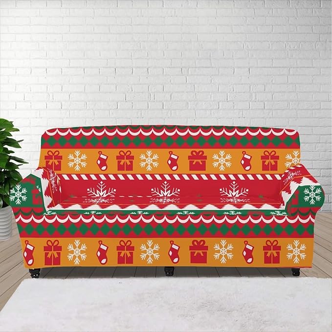 FKELYI Red Christmas Sofa Furniture Protector Easy Going Stretch Sofa Slipcover Comfortable Sofa Couch Cover with Elastic Bottom XL