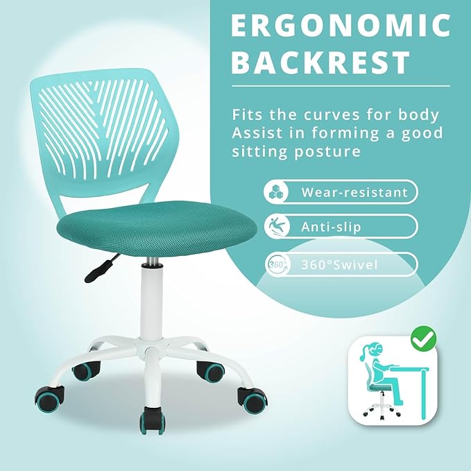 FurnitureR Writing Task Chair 360 Swivel,Low Mid PP Mesh Back Fabric Seat, Height Adjustable, Rolling Castor,W15.7”xD15.2”x H29.5-34.2",Turquoise