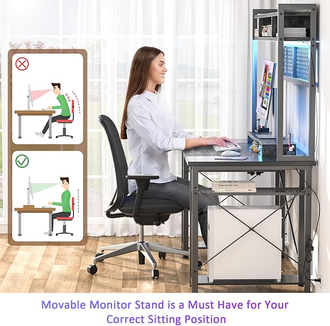 armocity 2024 Upgrade Gaming Desk with Hutch, 48'' Magic Computer Desk with LED and Outlets, Reversible Workstation Desk with Pegboard, Grey/Black