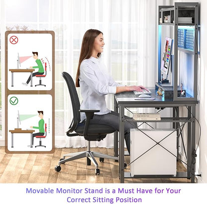 armocity 2024 Upgrade Gaming Desk with Hutch, 48'' Magic Computer Desk with LED and Outlets, Reversible Workstation Desk with Pegboard, Grey/Black