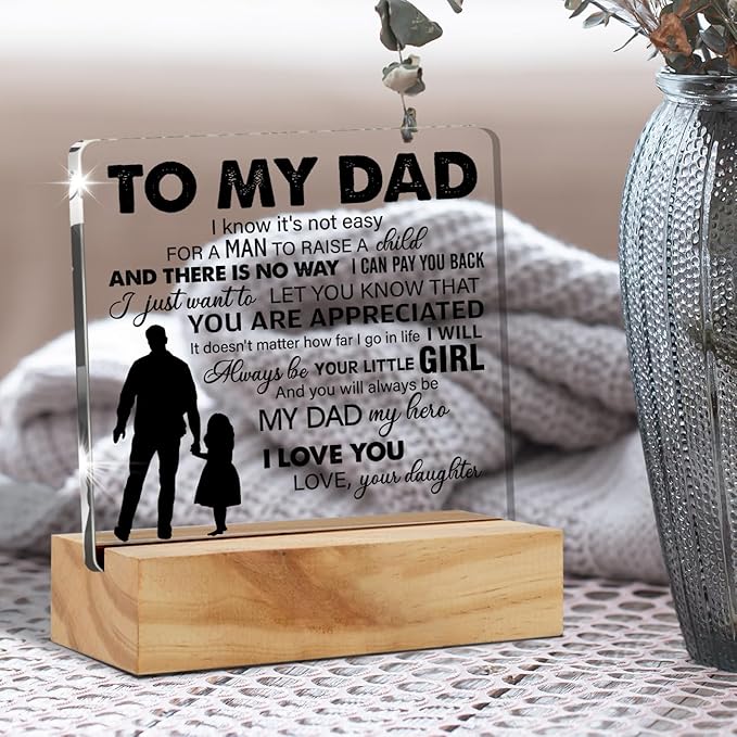 Father Gift Dad Gifts From Daughter, to My Dad My Hero Quote Desk Decor Acrylic Desk Plaque Sign with Wood Stand Home Office Desk Sign Keepsake Present