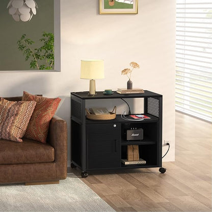 Unikito Lateral File Cabinet, Locking Office Filing Cabinets with Socket and USB Charging Port, Modern Rolling Printer Stand with Storage for A4, Letter Size and File Folders, Black