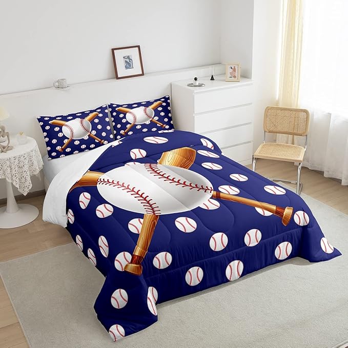 Baseball Comforter Set Sports Bedding Set Ball Comforter for Kids Boys Girls Baseball Games Blue Duvet Set Room Decor Quilt Baseball Bat Print Full Size Boys