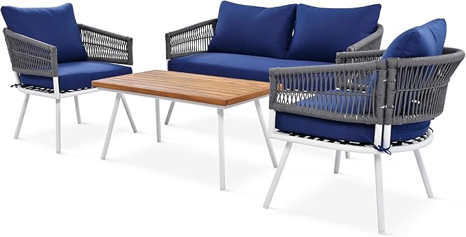 4-Piece Outdoor Patio Furniture Boho Rope Weave Set, Conversation Loveseat Sofa&Chairs with Acacia Wood Table and Thick Cushions, for Garden Backyard Balcony, Onesize, Navy Blue