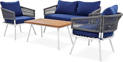 4-Piece Outdoor Patio Furniture Boho Rope Weave Set, Conversation Loveseat Sofa&Chairs with Acacia Wood Table and Thick Cushions, for Garden Backyard Balcony, Onesize, Navy Blue