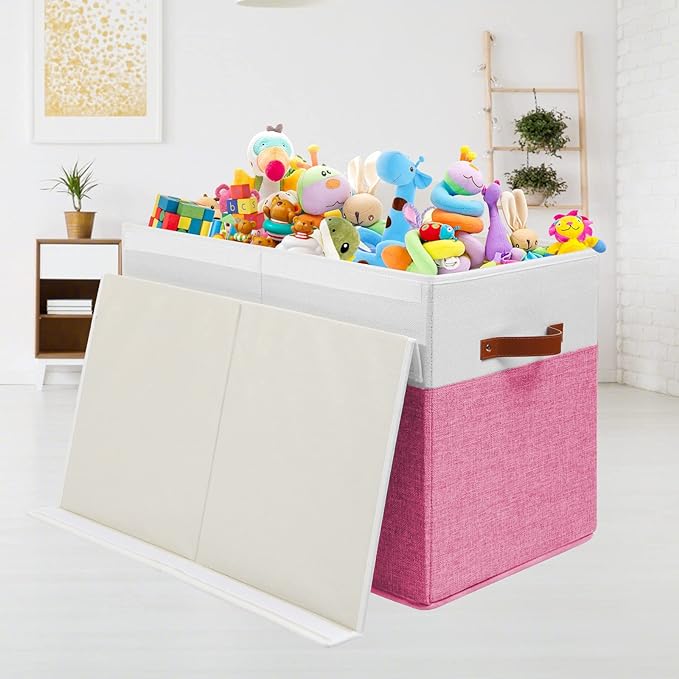Large Toy Storage Box with Lid, Sturdy Toys Storage Chest Bin Organizer Basket with Dividers for Kids, Boys, Girls, Nursery, Closet, Bedroom, Playroom 25"x13" x16" (Pink and White)