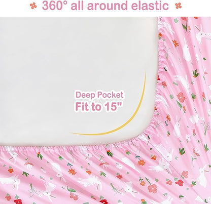 Mooreeke Bed in a Bag for Kids Girls Teens, 7 Pieces Full Size Comforter Bed Set with Shams, Sheet Set, Rabbit Pink Super Soft Microfiber Kids Comforter Bedding Set