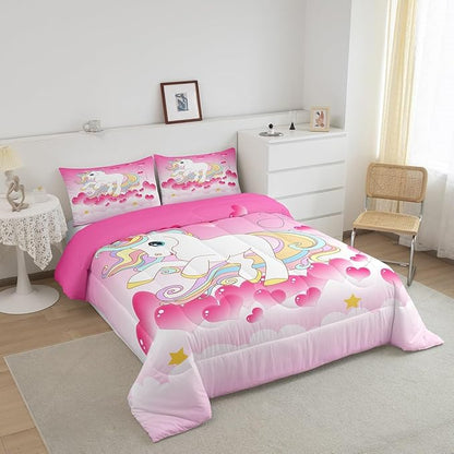 Girls Unicorn Comforter Set King Girly Fantasy Rainbow Unicorn Bedding Set for Kids Little Girls, Pink Love Heart Duvet Sets Dreamy Horse Cartoon Magical Animal Down Comforter with 2 Pillowcases