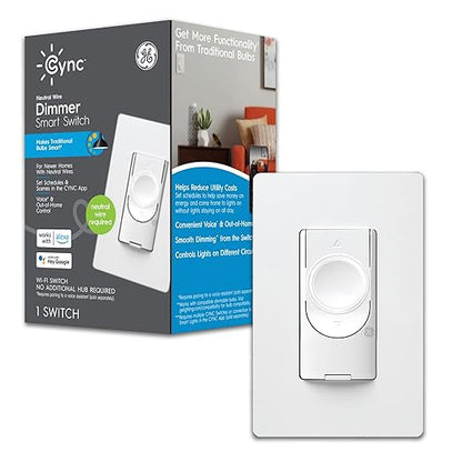 GE CYNC Smart Dimmer Light Switch, Neutral Wire Required, Bluetooth and 2.4 GHz WiFi 4-Wire Switch, Works with Amazon Alexa and Google Home, White (1 Pack)