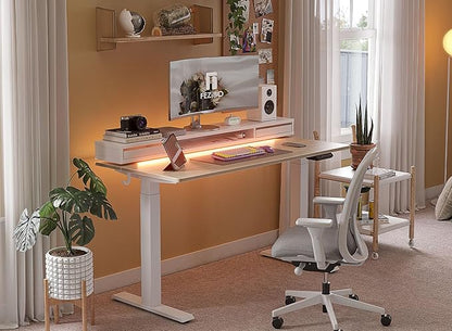 FEZIBO 55 × 26 Inch Electric Standing Desk with Monitor Stand, Height Adjustable Table with LED Strips, Ergonomic Home Office Desk with 2 Drawers Storage Gaming Workstation, Light Walnut