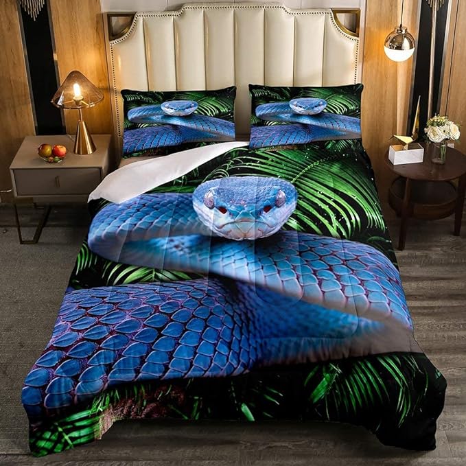 Erosebridal Snake Comforter Set Twin, Blue Snake Duvet Set, 3D Reptile Bedding Comforters, Blue Scales Quilt Set, Palm Leaf Wild Animal Stylish Quilted Duvet for Kids Boys Teens Man Bedroom Decor