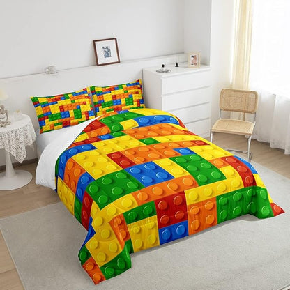 Feelyou Games Comforter Set Twin Size Building Blocks Bedding Set for Kids Boys Girls Colorful Geometric Toy Brick Comforter Gaming Nursery Quilt Duvet Set with 1 Pillowcase Boys