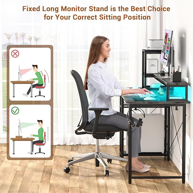 armocity 2024 Upgrade Gaming Desk with LED Lights, Small Computer Desk with Long Monitor Stand, 40'' Reversible Laptop Table with Storage Shelves, Small Desk for Small Spaces, Gaming Room, Grey
