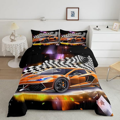 Feelyou Sports Car Comforter Set Queen, Orange Racing Car Bedding Set 3pcs for Kids Boys Teens Bedroom Cool Speed Luxury Car Decor, Black White Plaid Grid Print Quilt Set with 2 Pillowcases