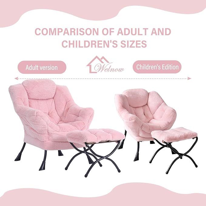 Welnow Toddler Kids Lazy Chair with Ottoman, Accent Comfy Lounge Children Armchair Couch with Armrest and Removable Cover, Detachable Reading Chair with Footrest for Boy or Girl, Plush Pink